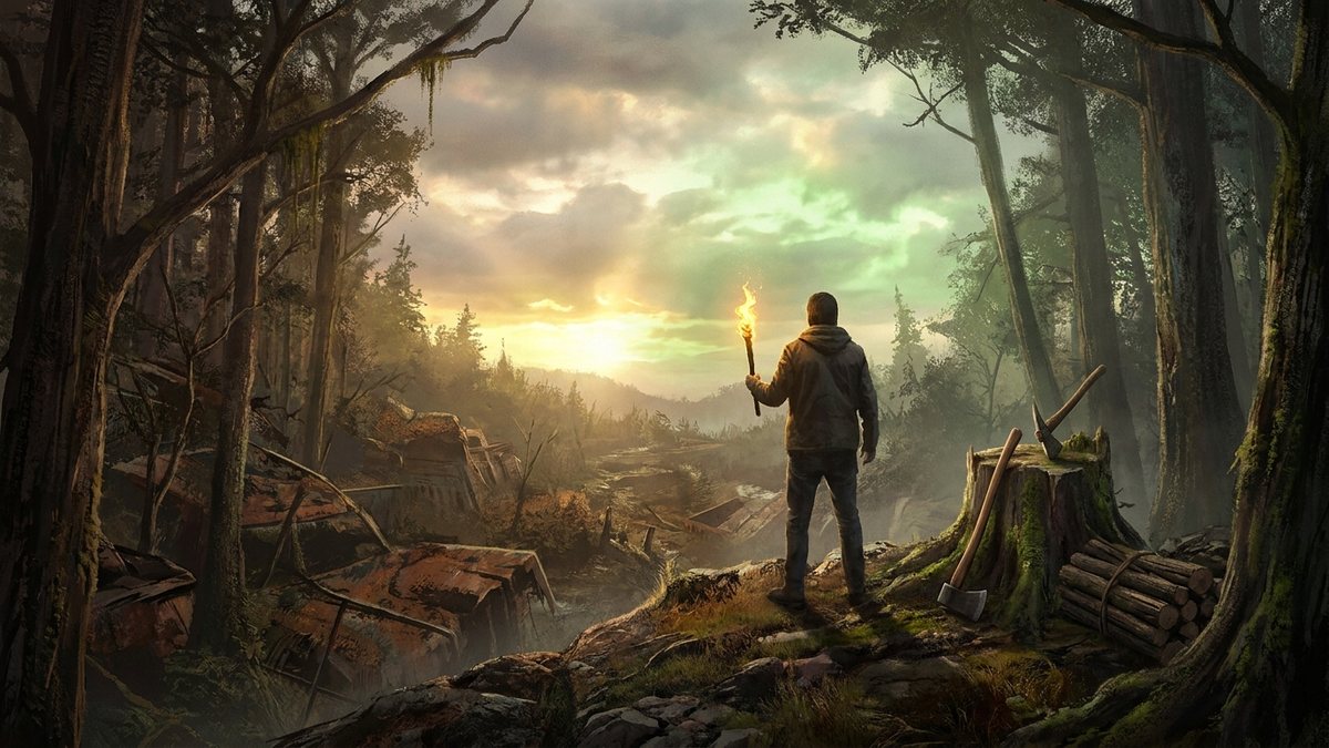A new Rust player holding a rock and a torch at sunrise