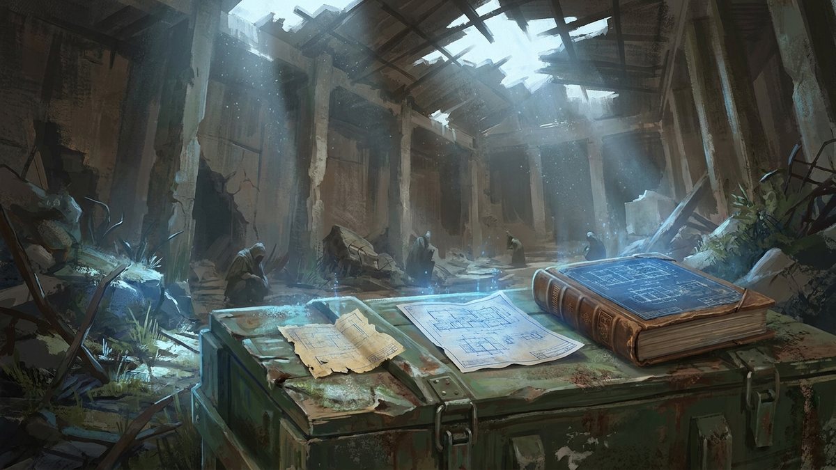 Three Rust blueprint items side by side, a torn fragment, a single page and a thick book, on a metal crate