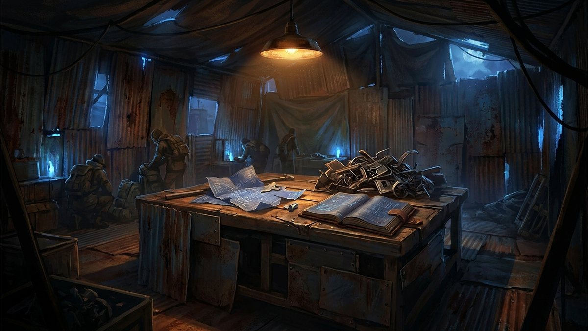 A workbench in a dim Rust base with torn blueprint pages and a leather bound book glowing under a lamp