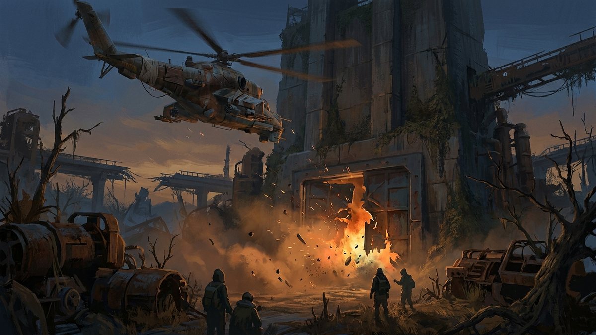 An attack helicopter flying over a Rust monument