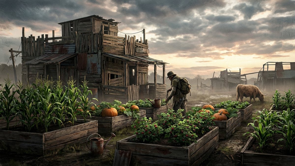 Rows of crops growing in planters next to a Rust base