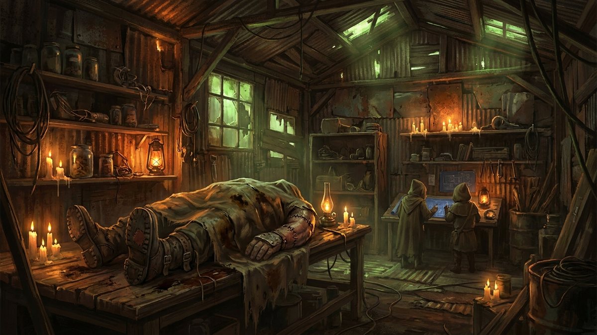A stitched pet monster lying under a cloth on a heavy wooden table in a candle lit workshop