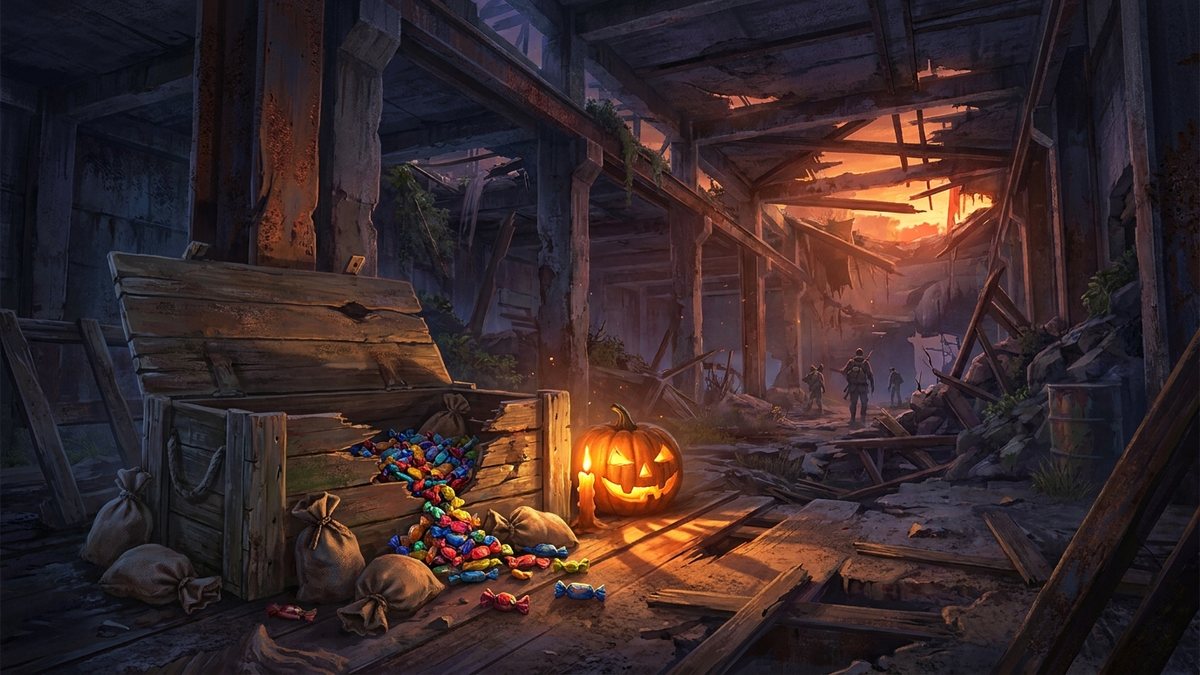 A pile of wrapped Halloween candy and small cloth loot bags spilling out of a wooden crate