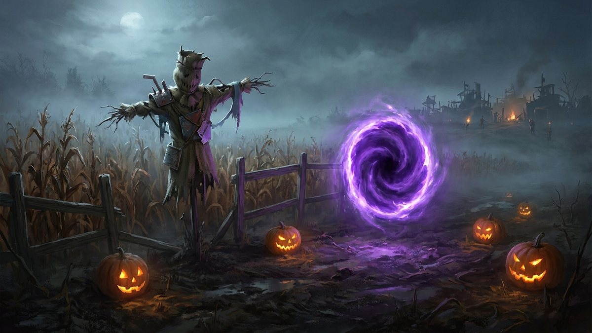 A ragged scarecrow in a dark field next to a glowing purple rift and carved pumpkins