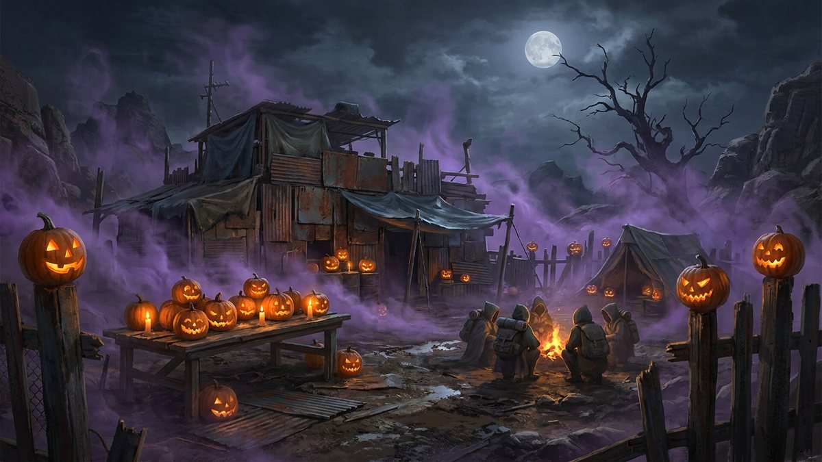 A glowing jack-o-lantern on a table in a dark Rust base