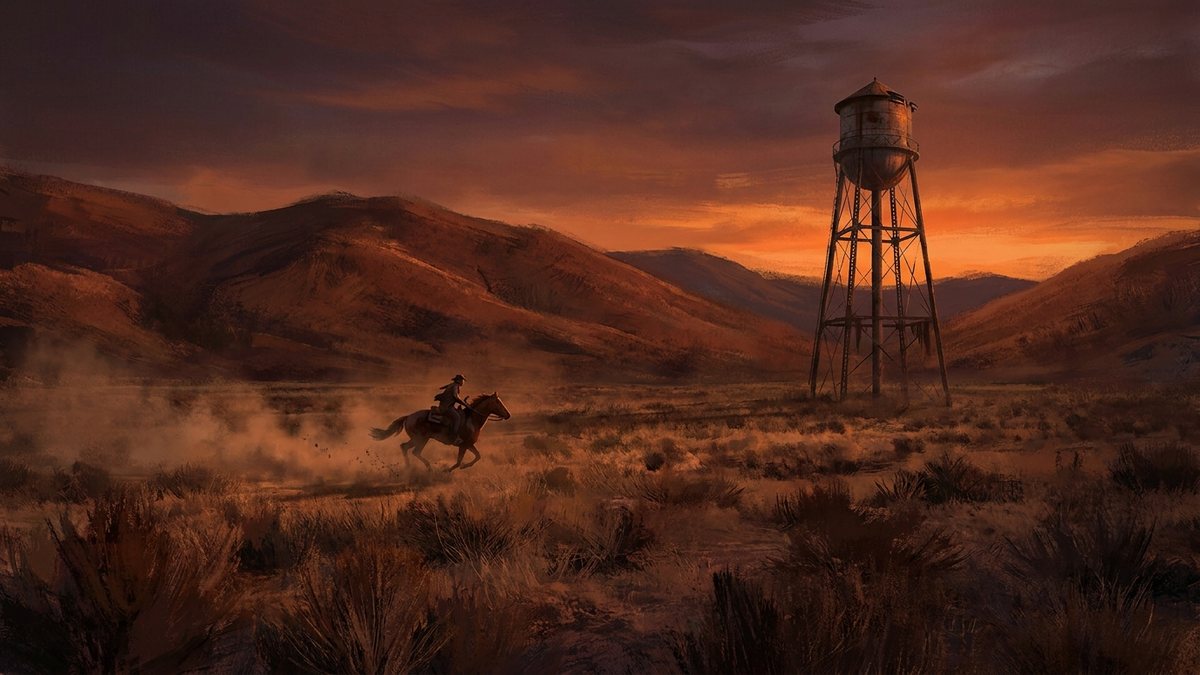 A player riding a horse across a grassy Rust field