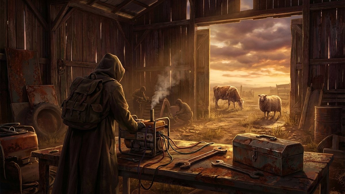 A cow and sheep in a pen next to a Biofuel Generator in Rust