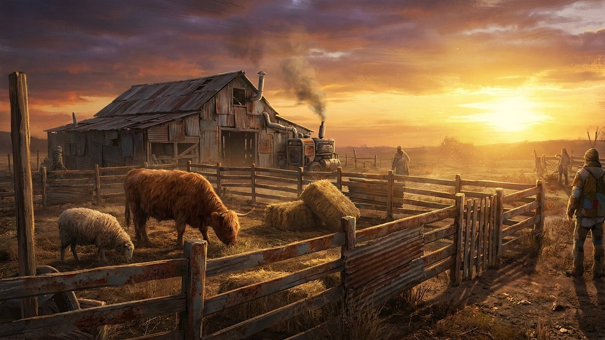 A cow and sheep standing near a wooden barn in Rust