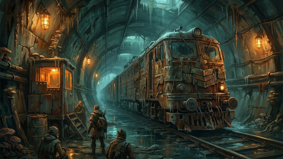 A train tunnel under a Rust monument with rails and dim lights
